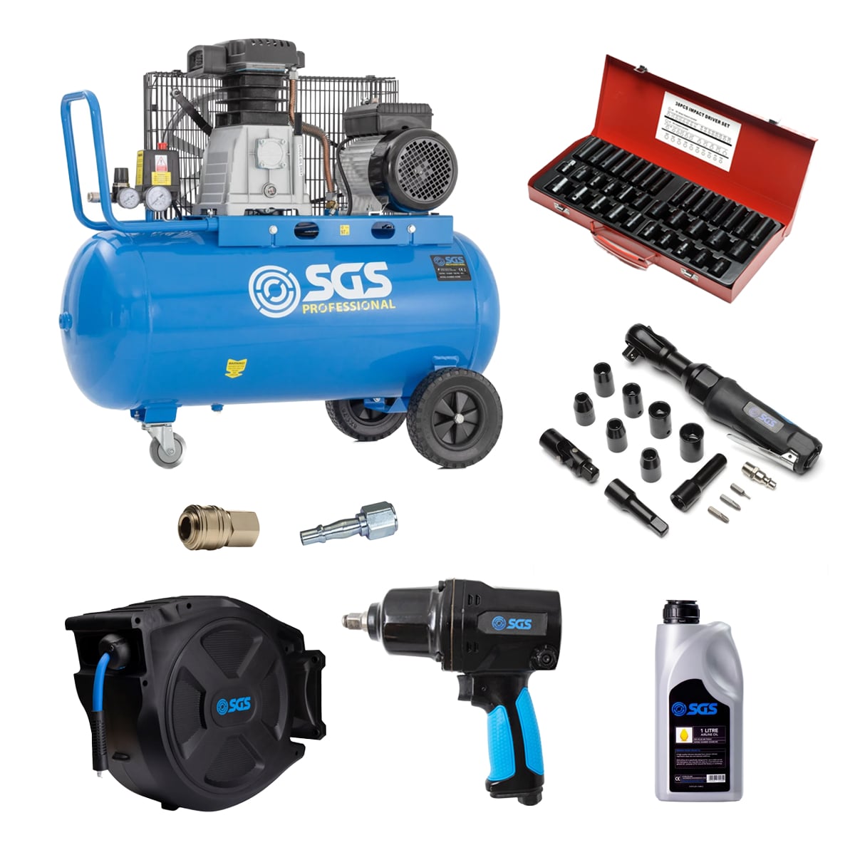 SGS 90 Litre Pro Belt Drive Air Compressor With HVLP Spray Gun, Filter Regulator & Hose – 14CFM 3HP 90L